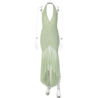Halter neck deep V temperament sexy see-through dress spliced ​​irregular mesh long skirt - Thumbnail 6