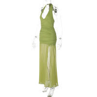 Sexy deep V waist pleated street style long mesh slit halterneck dress - Thumbnail 1