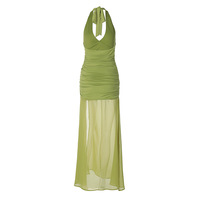 Sexy deep V waist pleated street style long mesh slit halterneck dress - Thumbnail 4