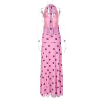 Women's holiday style polka dot V-neck halter dress with backless tie waist - Thumbnail 1
