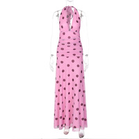 Women's holiday style polka dot V-neck halter dress with backless tie waist - Thumbnail 3