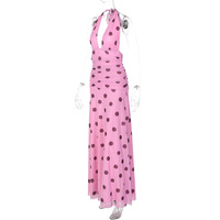 Women's holiday style polka dot V-neck halter dress with backless tie waist - Thumbnail 4