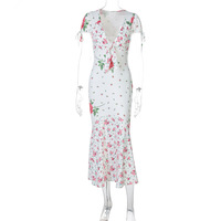 Fashion floral deep V short-sleeved slim mid-length dress - Thumbnail 1
