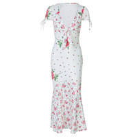 Fashion floral deep V short-sleeved slim mid-length dress - Thumbnail 4