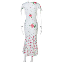 Fashion floral deep V short-sleeved slim mid-length dress - Thumbnail 6