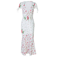 Fashion floral deep V short-sleeved slim mid-length dress - Thumbnail 7
