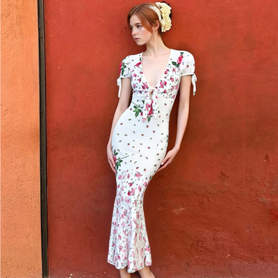 Fashion floral deep v short-sleeved slim mid-length dress