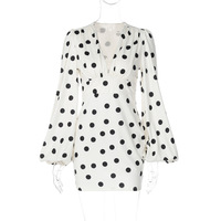 Fashionable Polka Dot Print Sexy Deep V Slim Flared Sleeve Hip Dress - Thumbnail 2