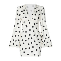 Fashionable Polka Dot Print Sexy Deep V Slim Flared Sleeve Hip Dress - Thumbnail 5