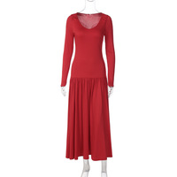 Fashion slim fit V-neck long sleeve waist long pleated street style dress - Thumbnail 4