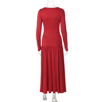 Fashion slim fit V-neck long sleeve waist long pleated street style dress - Thumbnail 6