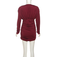 Solid color sexy slim hip-hugging V-neck high waist pleated long sleeve dress - Thumbnail 2