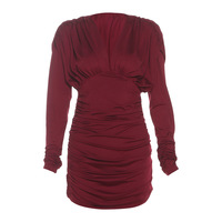 Solid color sexy slim hip-hugging V-neck high waist pleated long sleeve dress - Thumbnail 3