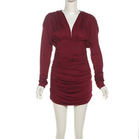 Solid color sexy slim hip-hugging V-neck high waist pleated long sleeve dress - Thumbnail 5