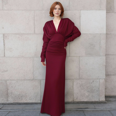 Fashionable and sexy tight pleated v-neck high waist long-sleeved dress - Thumbnail 1