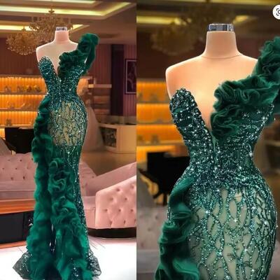 Luxury beaded appliques mermaid evening dresses elegant side split ruffles tulle prom dress glitter sequins formal party gowns