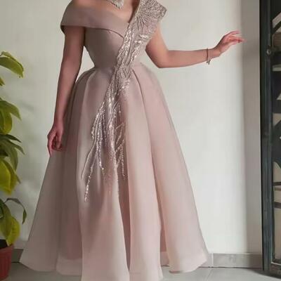 Off the shoulder midi prom dresses a-line organza women sequined short sleeves customized evening gowns formal party dress