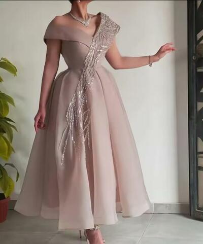 Off the Shoulder Midi Prom Dresses A-Line Organza Women Sequined Short Sleeves Customized Evening Gowns Formal Party Dress