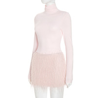 High-neck solid color long-sleeved slim-fit jumpsuit with tassels and a miniskirt - Thumbnail 1