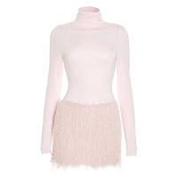 High-neck solid color long-sleeved slim-fit jumpsuit with tassels and a miniskirt - Thumbnail 3