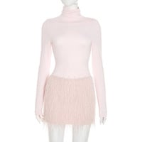 High-neck solid color long-sleeved slim-fit jumpsuit with tassels and a miniskirt - Thumbnail 4