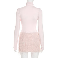 High-neck solid color long-sleeved slim-fit jumpsuit with tassels and a miniskirt - Thumbnail 5