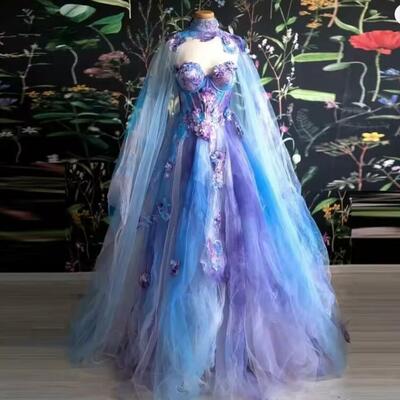Colorful fairy tulle prom dress with cape floral applique sweetheart layered puffy long evening party gowns robes de soirée