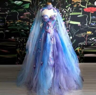 Colorful Fairy Tulle Prom Dress with Cape Floral Applique Sweetheart Layered Puffy Long Evening Party Gowns Robes De Soirée