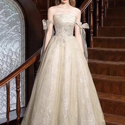 Champagne tulle beads long a-line prom party dress - Thumbnail 1