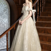 Champagne Tulle Beads Long A-line Prom Party Dress - Thumbnail 1