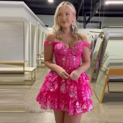 Sparkly corset tiered lace a-line short prom gowns off shoulder sweetheart mini homecoming dress youth women's graduation dress