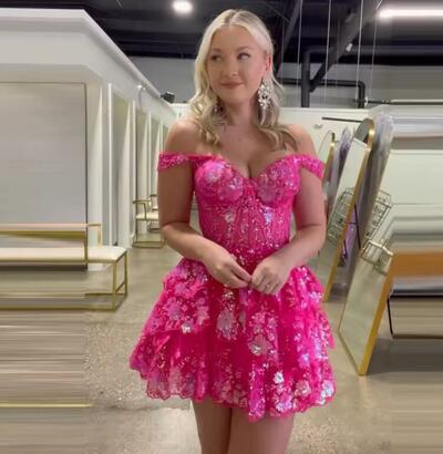 Sparkly Corset Tiered Lace A-Line Short Prom Gowns Off Shoulder Sweetheart Mini Homecoming Dress Youth Women's Graduation Dress