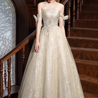 Champagne Tulle Beads Long A-line Prom Party Dress - Thumbnail 2