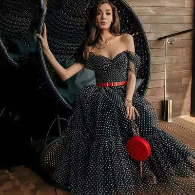 Black dotted tulle short prom dresses a line off the shoulder graudation dress v-neck tea length homecoming gowns