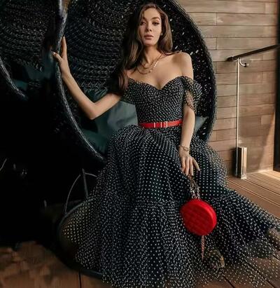 Black Dotted Tulle Short Prom Dresses A Line Off The Shoulder Graudation Dress V-Neck Tea Length Homecoming Gowns