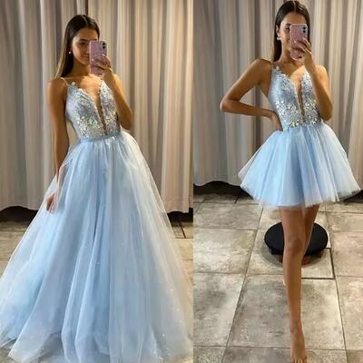 Glitter tulle appliques prom dress with detachable train sweetheart 2 pieces long evening gowns serenity blue party dresses