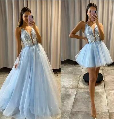 Glitter Tulle Appliques Prom Dress with Detachable Train Sweetheart 2 Pieces Long Evening Gowns Serenity Blue Party Dresses
