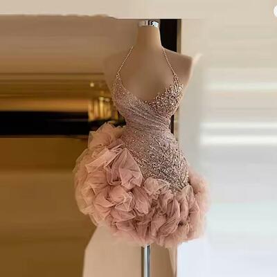 Dusty pink mini homecoming party dresses ruffles sequins short prom dress halter sexy back celebrity cocktail vestido de festa