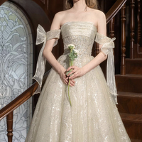 Champagne Tulle Beads Long A-line Prom Party Dress - Thumbnail 3