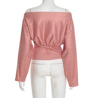 Striped off-the-shoulder loose-fitting long-sleeved top - Thumbnail 1