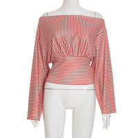 Striped off-the-shoulder loose-fitting long-sleeved top - Thumbnail 3