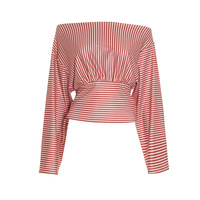 Striped off-the-shoulder loose-fitting long-sleeved top - Thumbnail 5