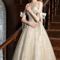 Champagne Tulle Beads Long A-line Prom Party Dress - Thumbnail 4