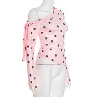 Off-shoulder rose print top with slanted neckline and lace-up - Thumbnail 1