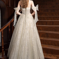 Champagne Tulle Beads Long A-line Prom Party Dress - Thumbnail 5