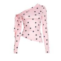 Off-shoulder rose print top with slanted neckline and lace-up - Thumbnail 4