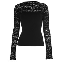 Solid color round neck lace patchwork pullover long sleeve top - Thumbnail 1