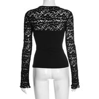Solid color round neck lace patchwork pullover long sleeve top - Thumbnail 3
