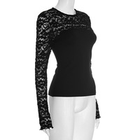 Solid color round neck lace patchwork pullover long sleeve top - Thumbnail 4