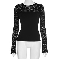 Solid color round neck lace patchwork pullover long sleeve top - Thumbnail 5